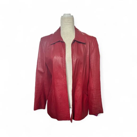 Athos Italian Red Leather Jacket Women Size 44, US Size 8 - Picture 3 of 9